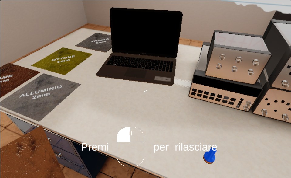 Operatore che manipola un provino di materiale in un ambiente virtuale, con indicazione a schermo del comando di rilascio